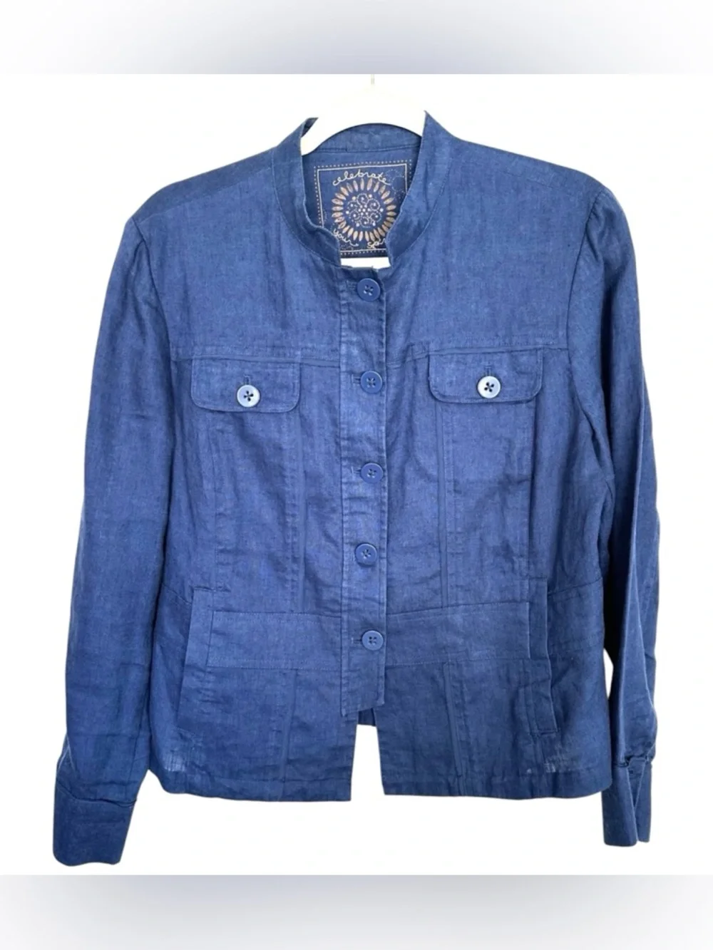 Coldwater Creek Linen Jacket Navy Button Mandarin Collar Lightweight Blazer M - Picture 5 of 10